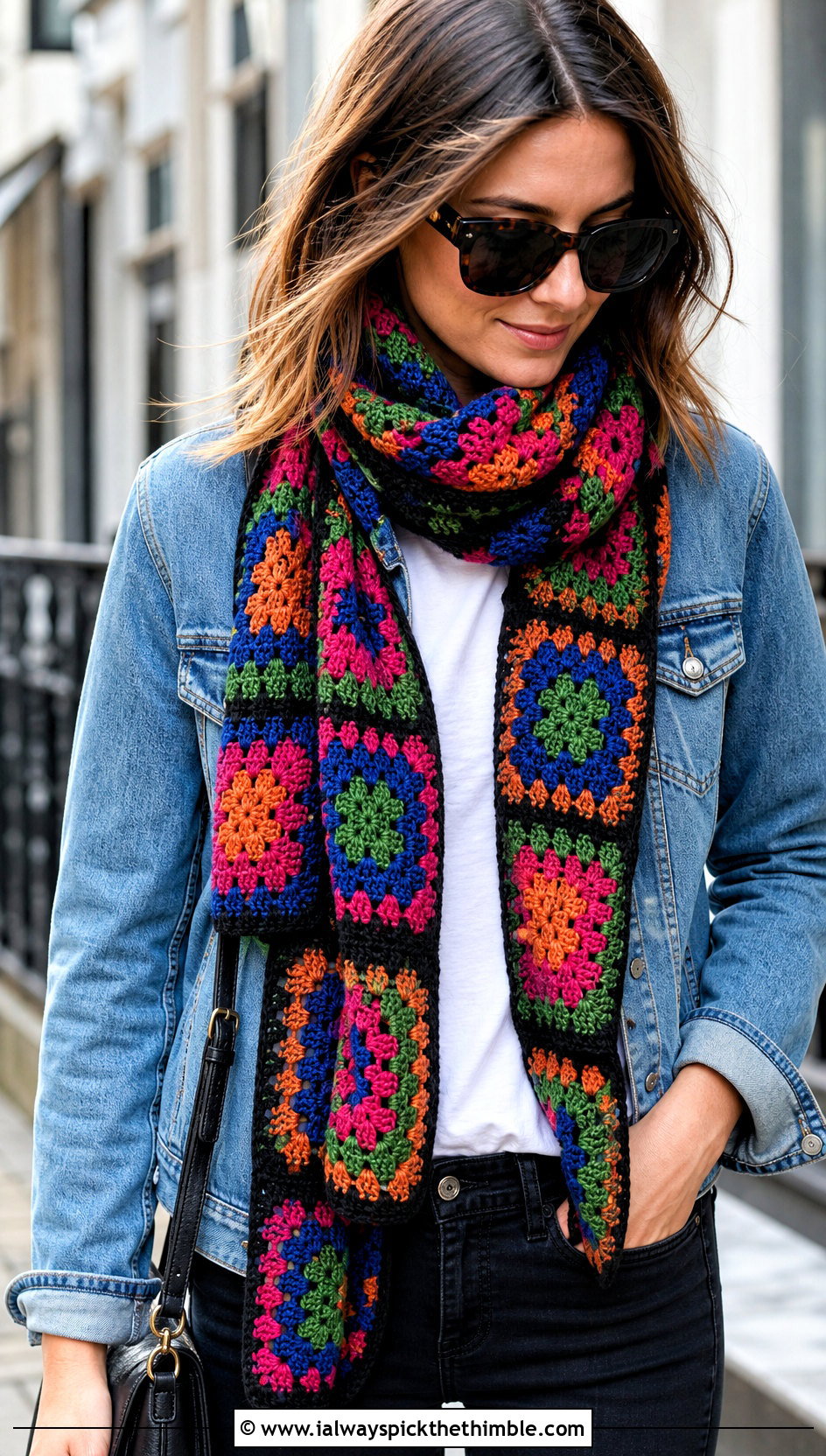 Granny Square Crochet Scarf With Denim Jacket - 20 Beautiful Crochet Scarf outfit ideas