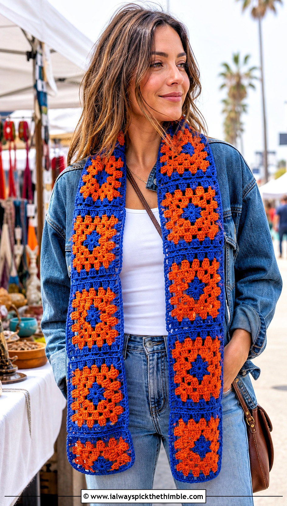 Granny Square Crochet Scarf With Denim Jacket - 20 boho crochet scarf outfit ideas