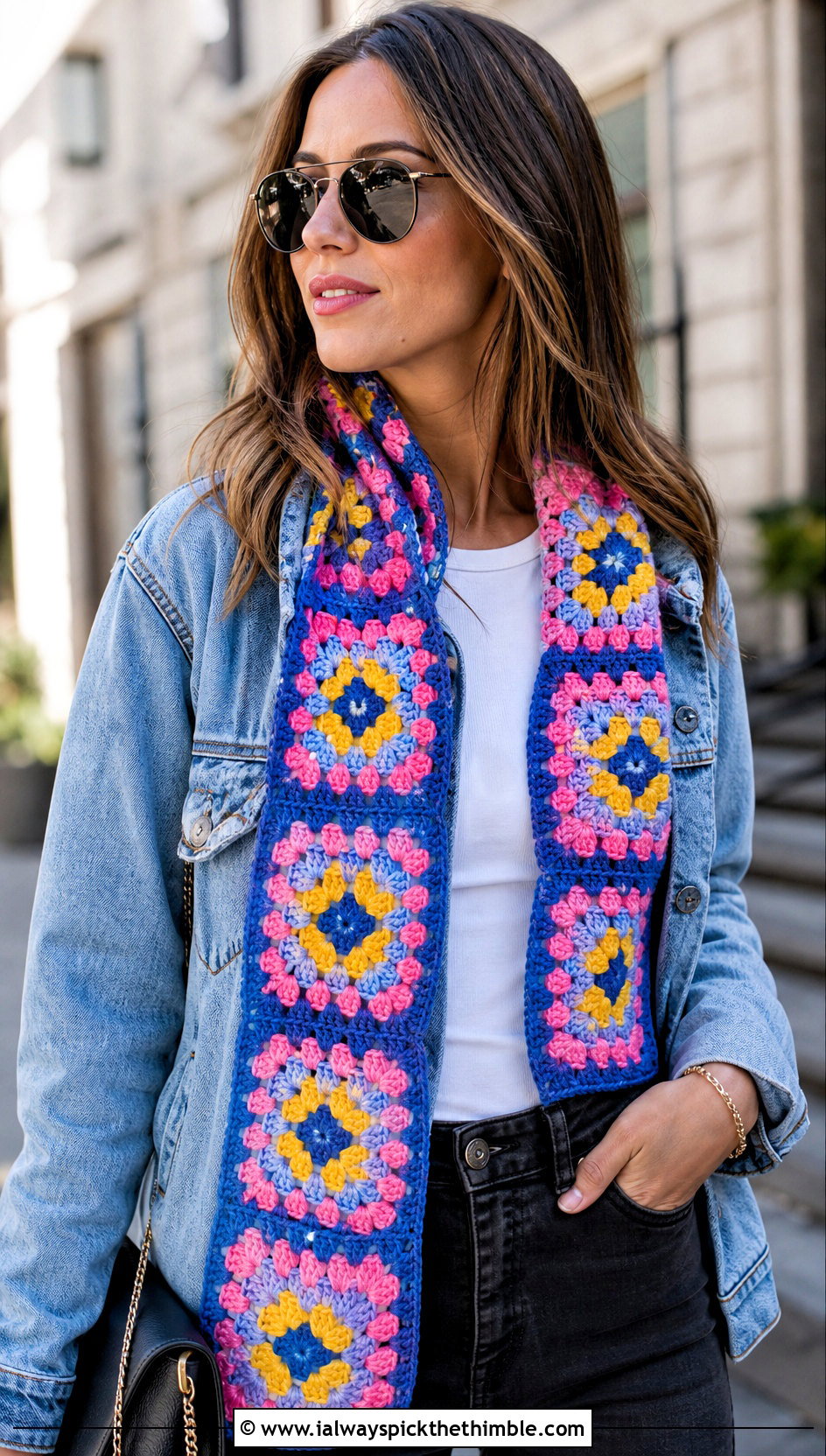 Granny Square Crochet Scarf With Denim Jacket - 20 crochet for scarfs outfit ideas