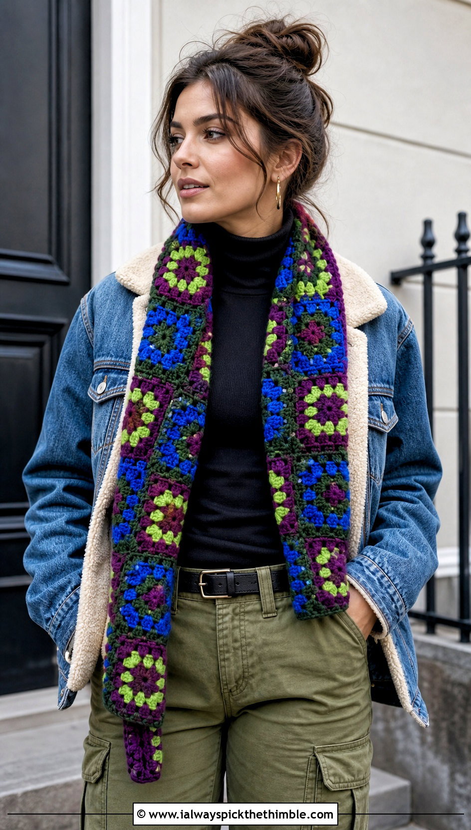 Granny Square Crochet Scarf With Denim Jacket And Cargo Pants - 15 Winter Crochet Scarf Design outfit ideas