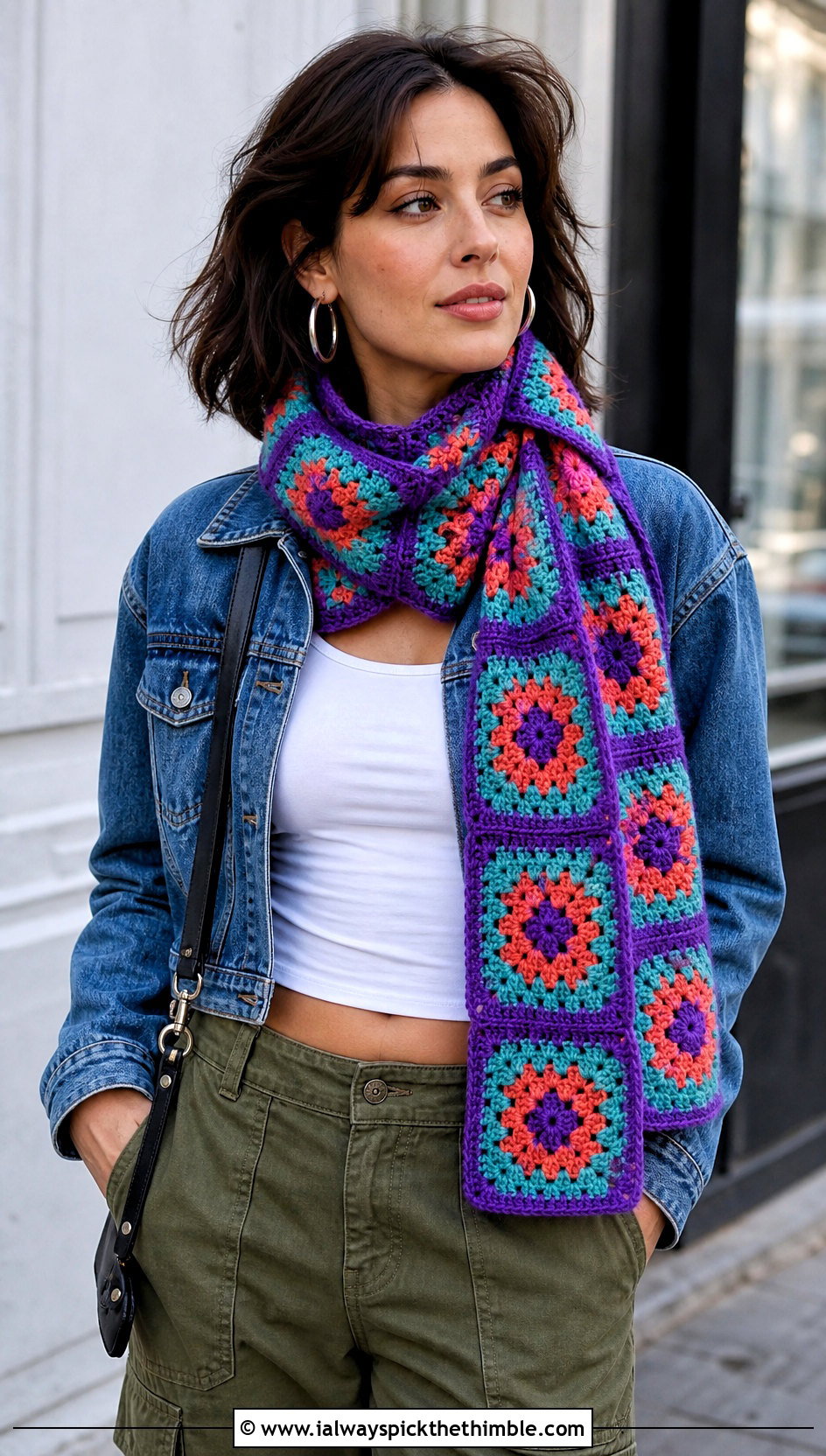 Granny Square Crochet Scarf With Denim Jacket And Cargo Pants - 15 Small Neck Crochet Scarf outfit ideas