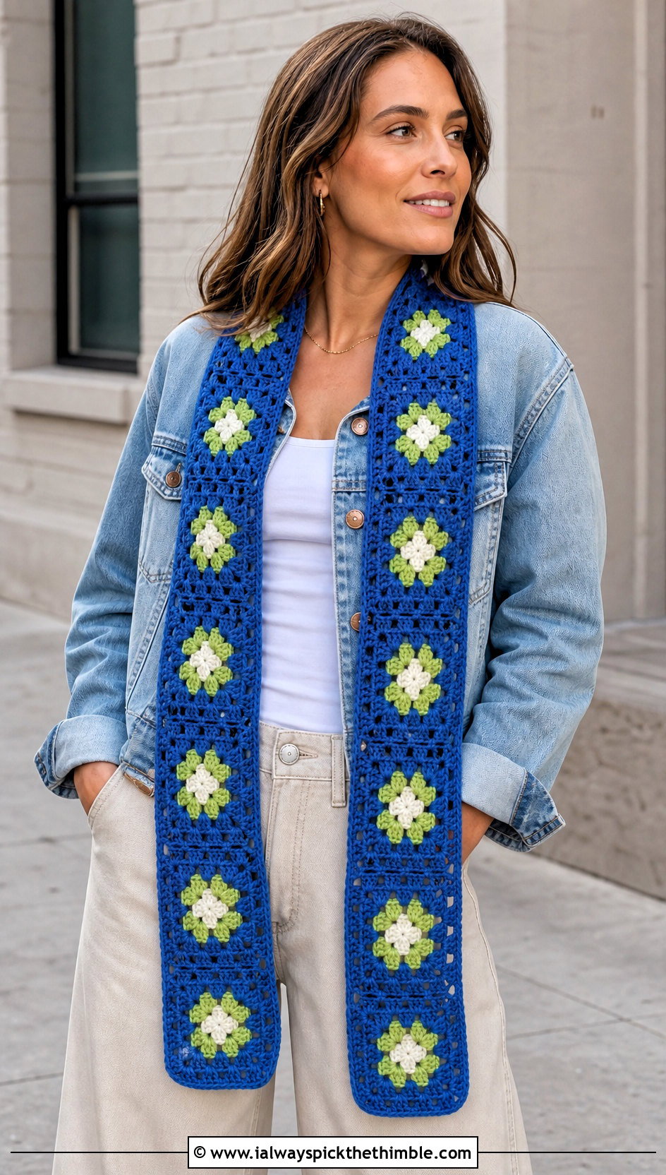 Granny Square Crochet Scarf With Denim Jacket And Wide Leg Pants - 15 Light Weight Crochet Scarf outfit ideas