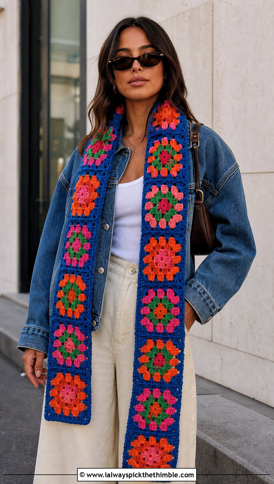 Granny Square Crochet Scarf With Denim Jacket And Wide Leg Pants - 15 Light Crochet Scarf outfit ideas