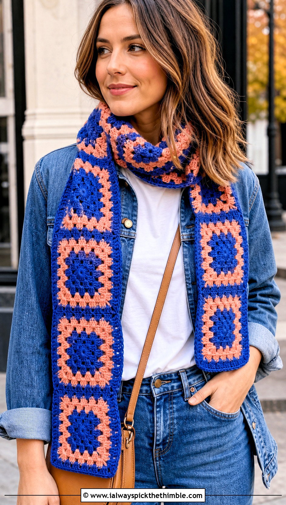 Granny Square Crochet Scarf With Denim Jacket and Jeans - 25 fall crochet scarf outfit ideas