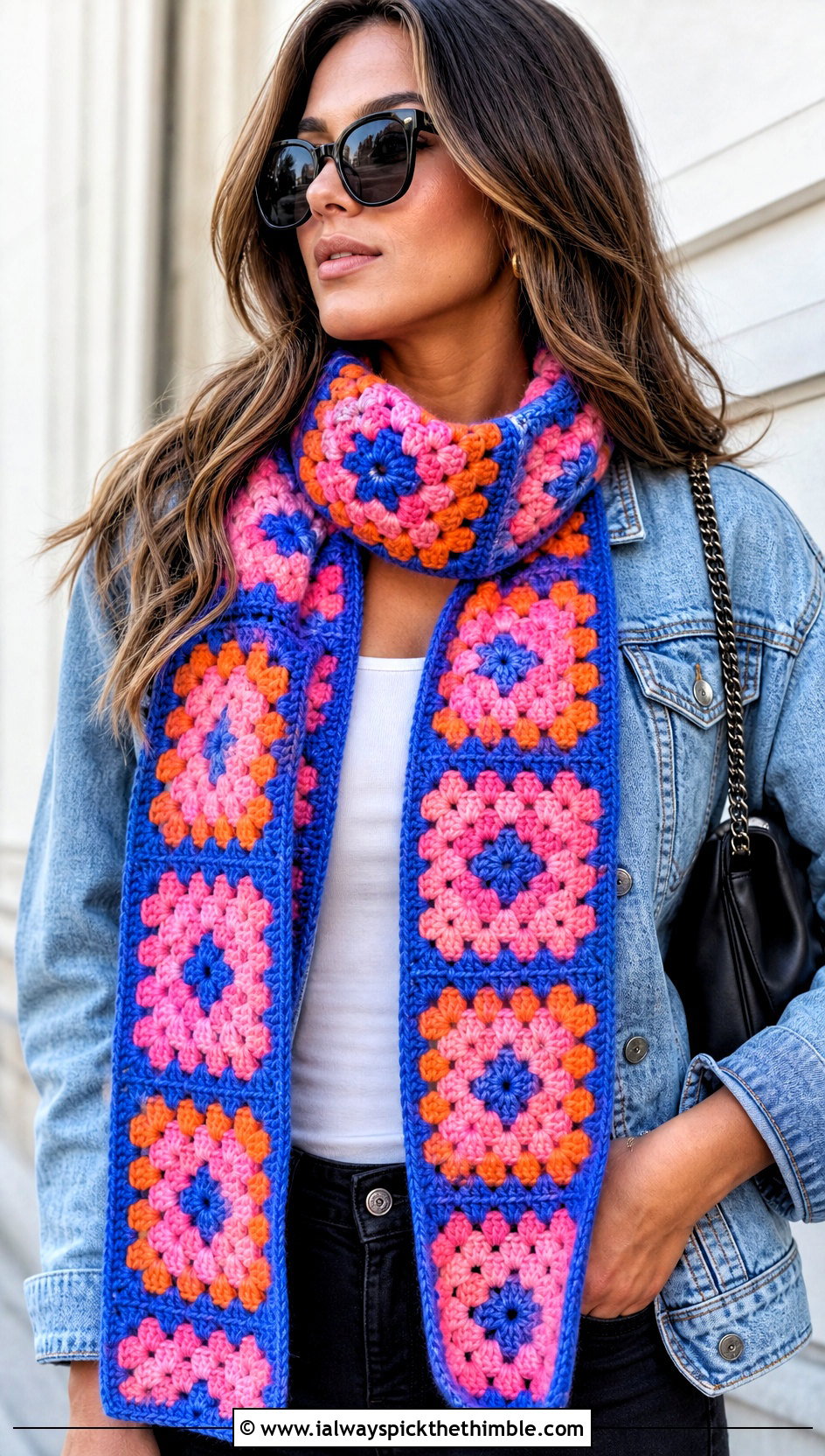 Granny Square Crochet Scarf With Denim Jacket - 15 beginner crochet scarf design outfit ideas
