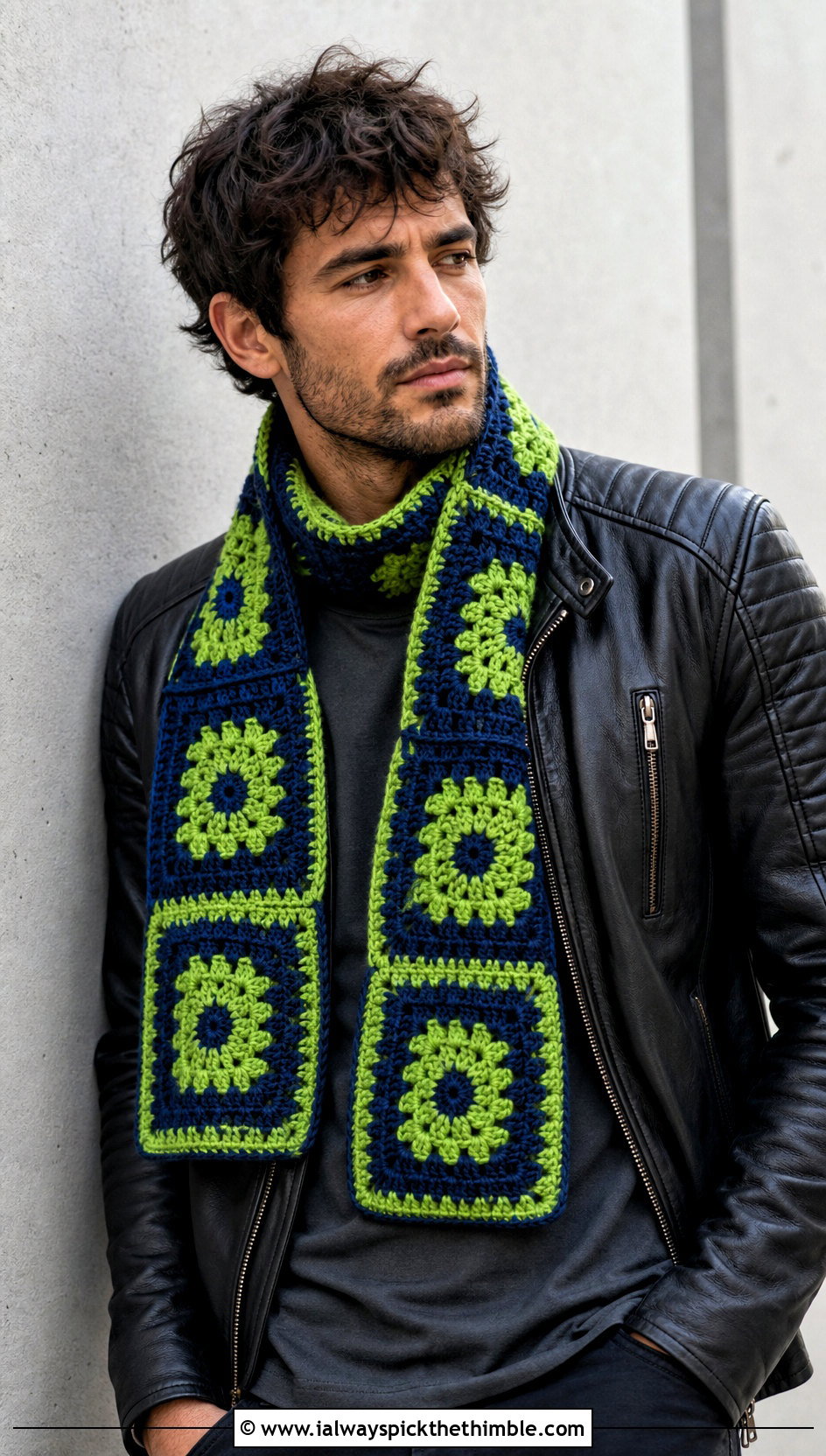 Granny Square Crochet Scarf With Leather Jacket - 20 easy crochet scarf men outfit ideas