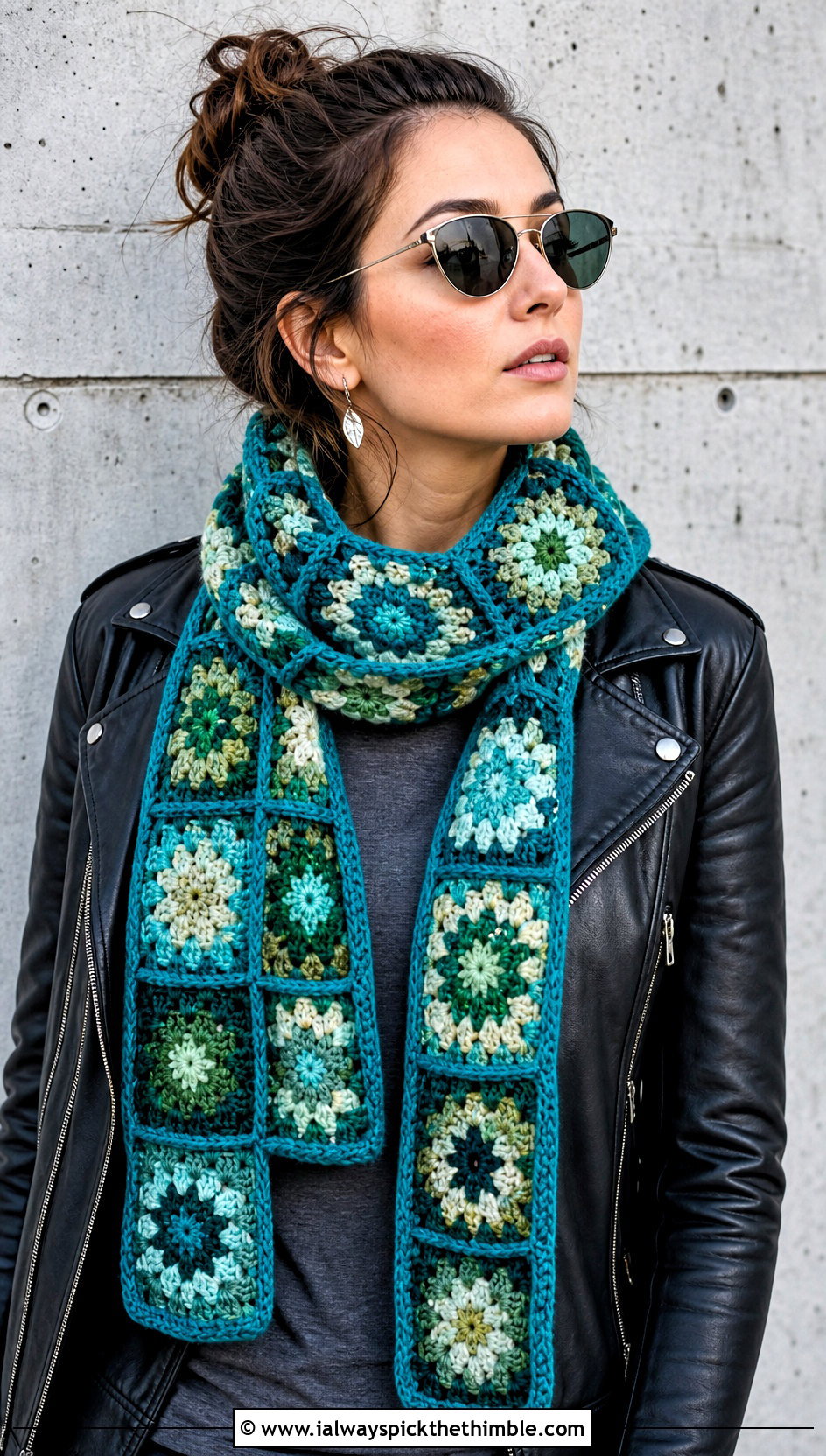 Granny Square Crochet Scarf With Leather Jacket - 25 beginner crochet scarf outfit ideas
