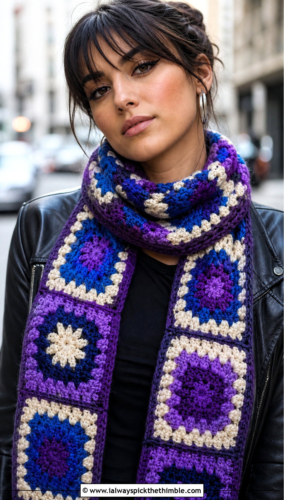 Granny Square Crochet Scarf With Leather Jacket - 20 Crochet For Beginners Scarf outfit ideas