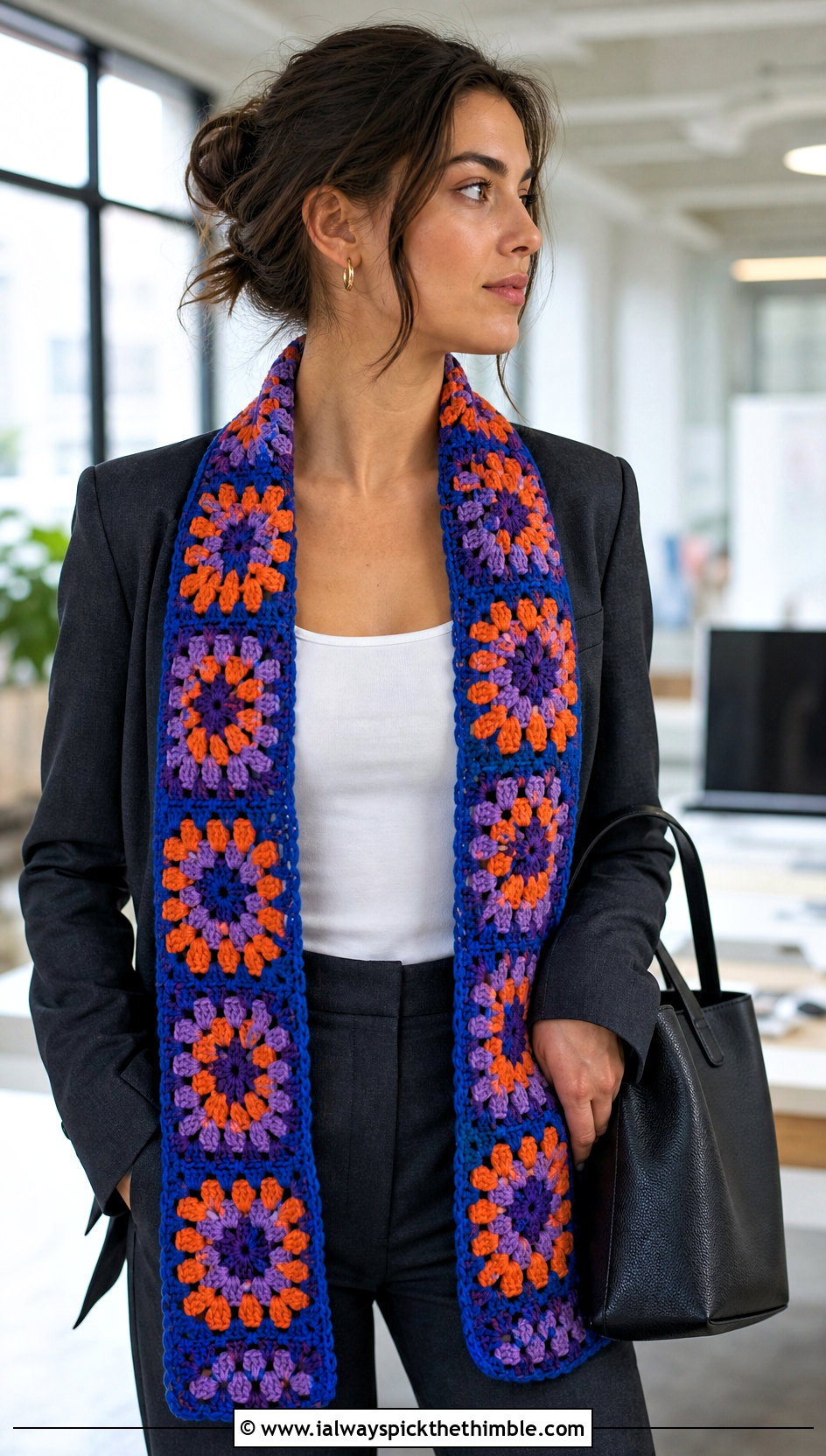 Granny Square Crochet Scarf With Pantsuit - 15 unusual crochet scarf outfit ideas