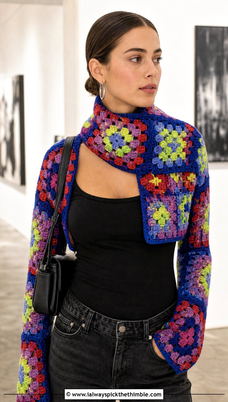 Granny Square Crochet Scarf With Sleeves And Black Denim - 15 Crochet For Scarf With Sleeves outfit ideas