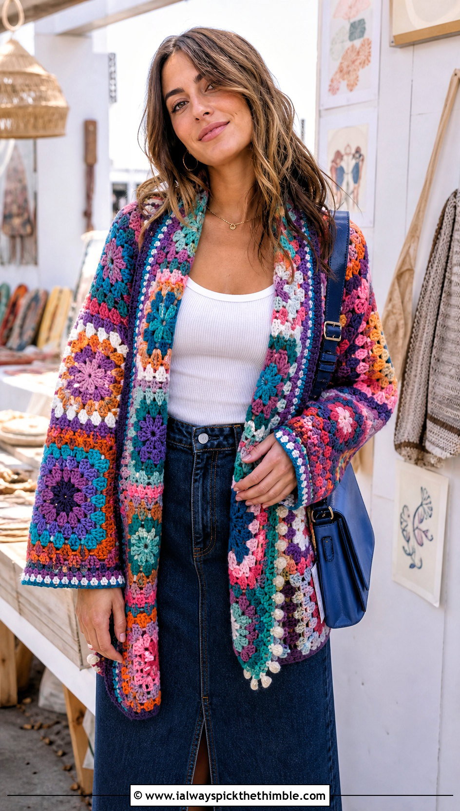 Granny Square Crochet Scarf With Sleeves And Denim Skirt - 25 crochet scarf with sleeves outfit ideas