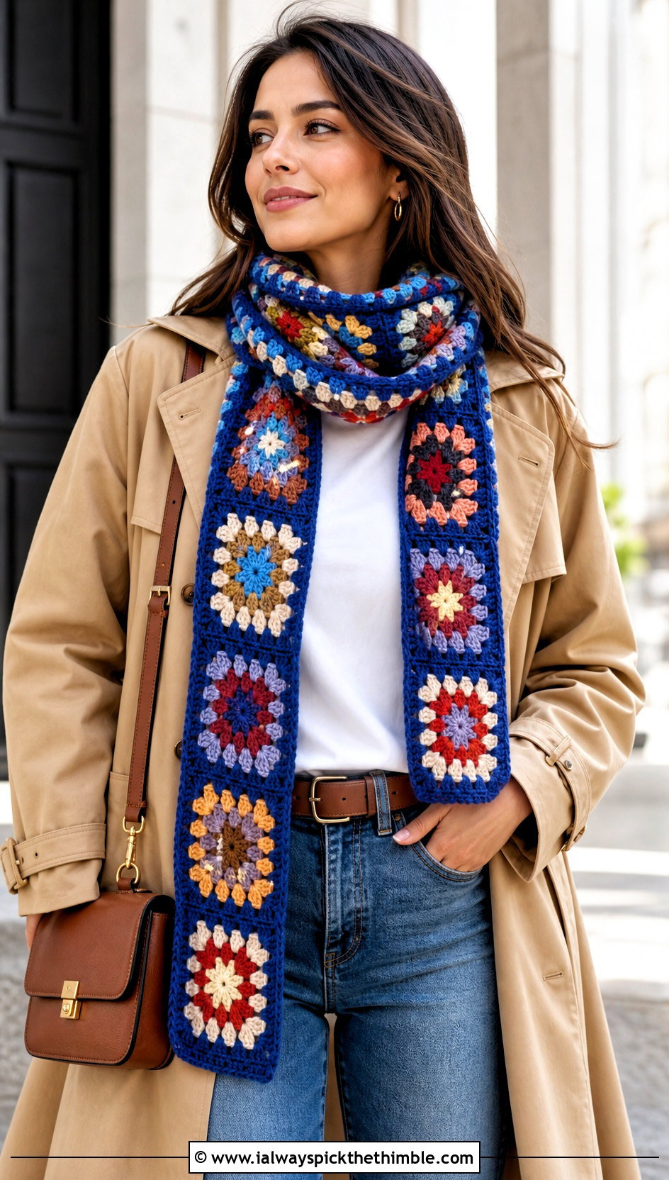 Granny Square Crochet Scarf With Straight Leg Jeans - 20 denim and crochet scarf outfit ideas