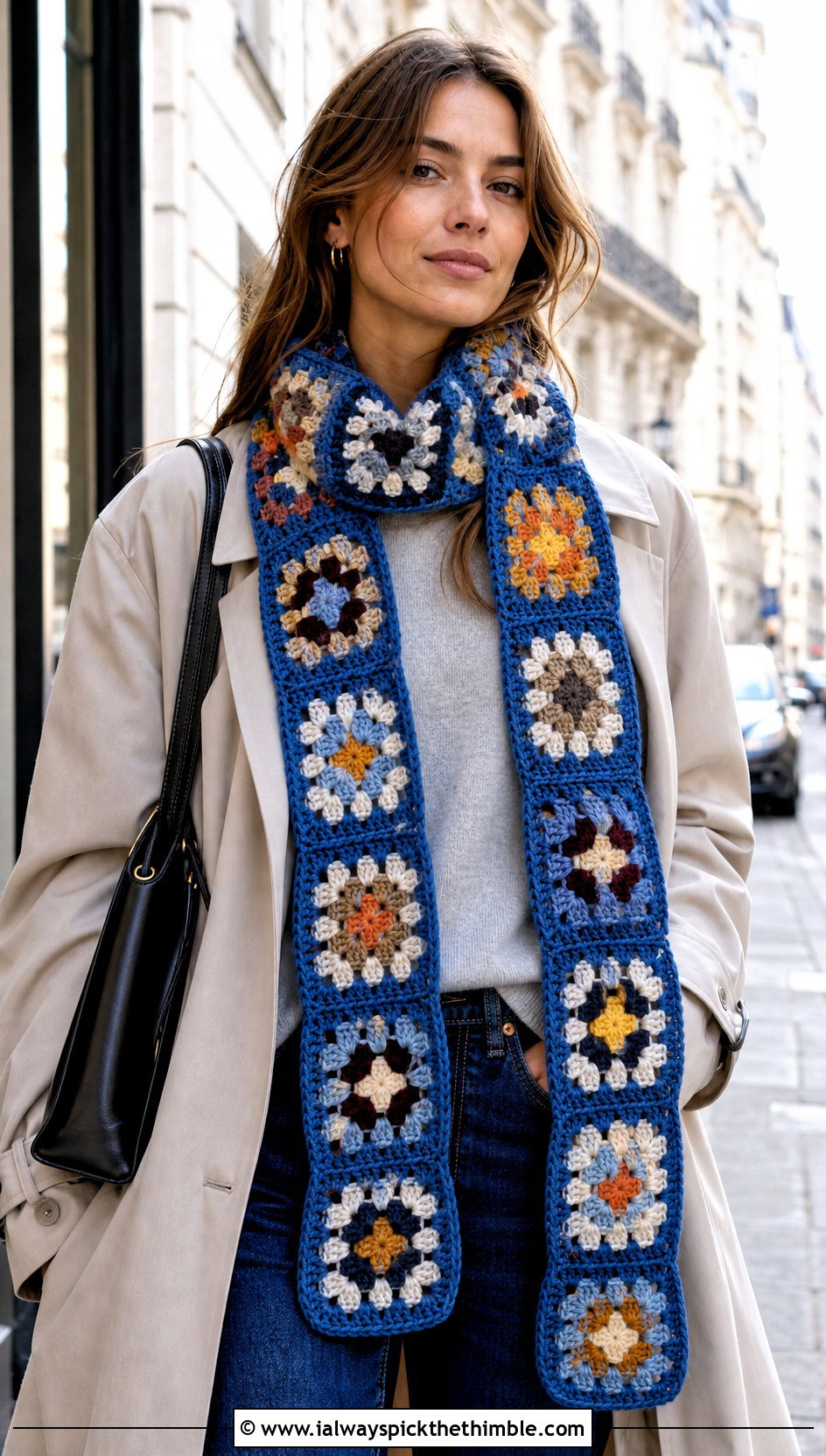 Granny Square Crochet Scarf With Trench Coat - 15 elegant crochet scarf design outfit ideas