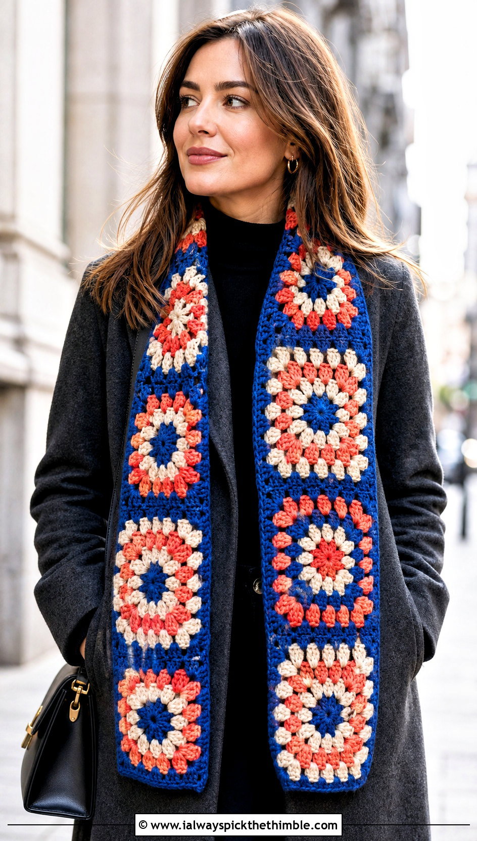 Granny Square Crochet Scarf With Wool Coat - 25 Winter Crochet Scarf outfit ideas
