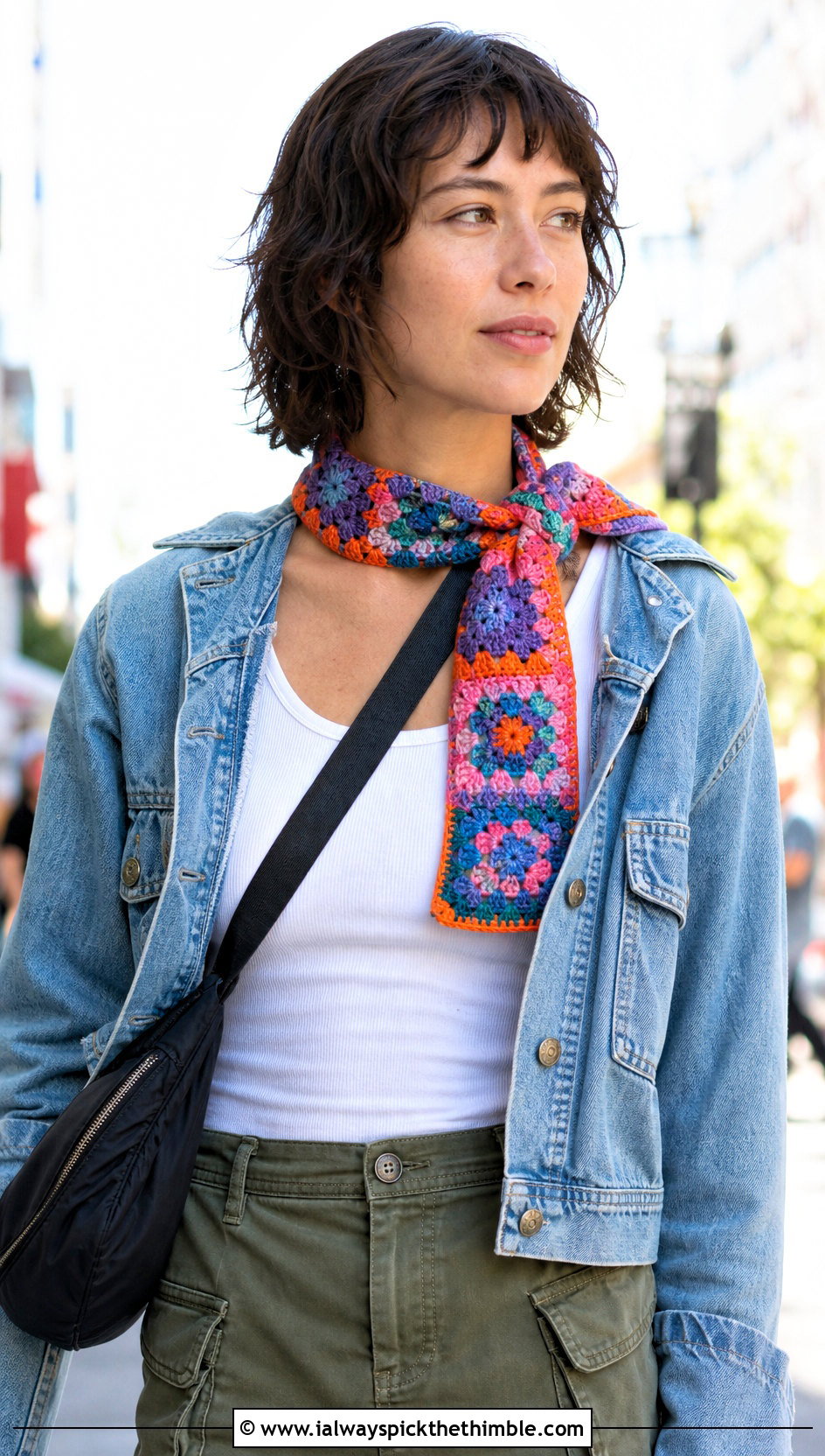 Granny Square Crochet Scarflette With Denim Jacket And Cargo Skirt - 20 Tiny Crochet Scarf outfit ideas