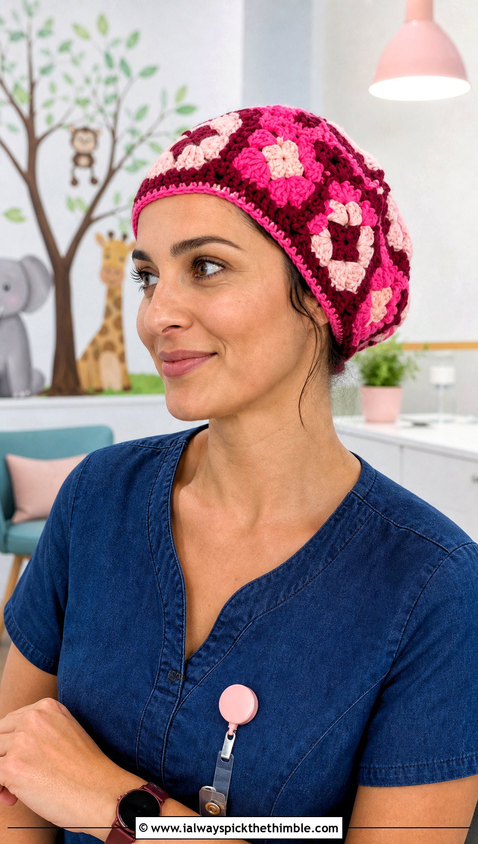 Granny Square Crochet Scrub Cap With Denim Blue Scrubs - 20 Crochet Scrub Cap outfit ideas