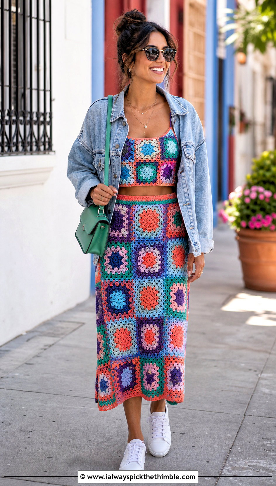 Granny Square Crochet Set With Denim Jacket - 25 crochet birthday outfit ideas