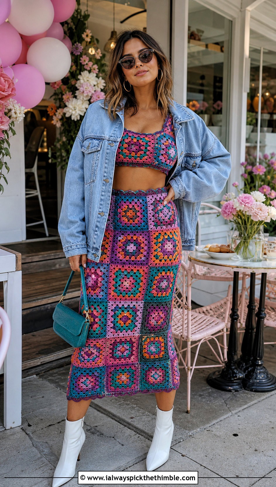 Granny Square Crochet Set With Denim Jacket - 20 birthday crochet outfit ideas