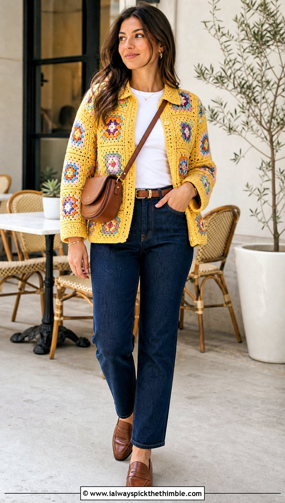 Granny Square Crochet Shacket With Straight Leg Jeans - 15 Granny Square Crochet Coats & Jackets outfit ideas