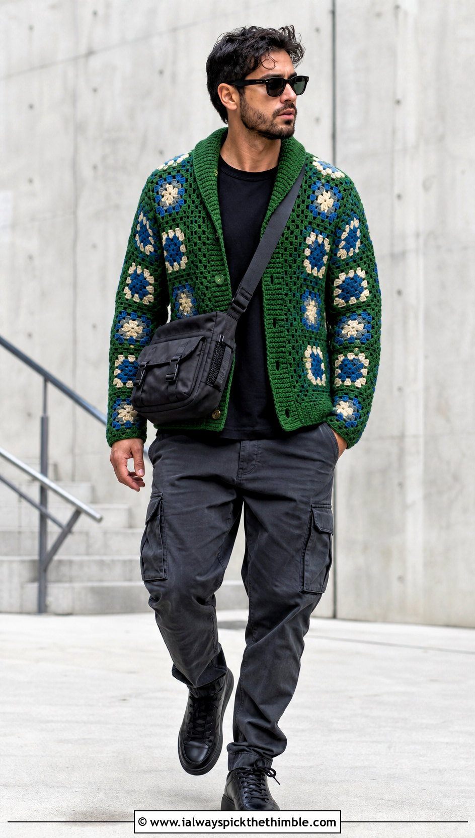 Granny Square Crochet Shawl Collar Cardigan With Cargo Pants - 20 Mens Crochet Shawl Collar Cardigan outfit ideas