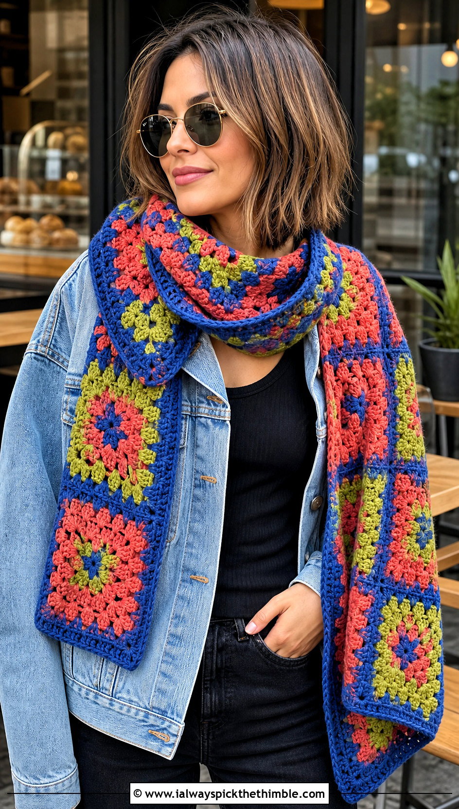 Granny Square Crochet Shawl Scarf With Denim Jacket - 20 crochet shawl scarf outfit ideas