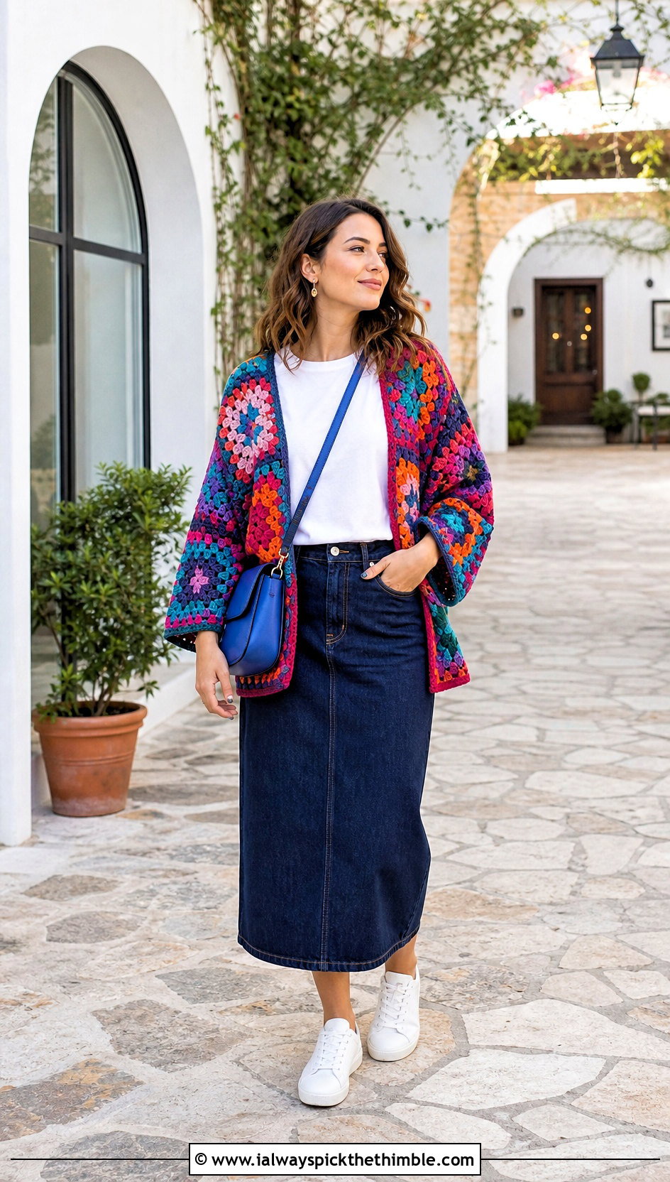 Granny Square Crochet Shawl Sweater With Denim Skirt - 20 crochet shawl sweater outfit ideas