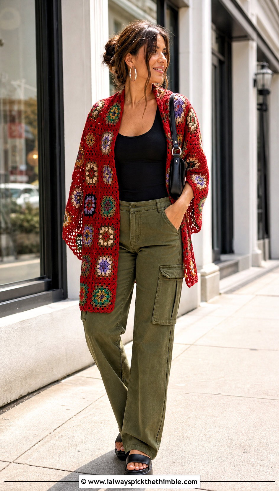 Granny Square Crochet Shawl With Cargo Pants - 20 summer crochet shawl outfit ideas