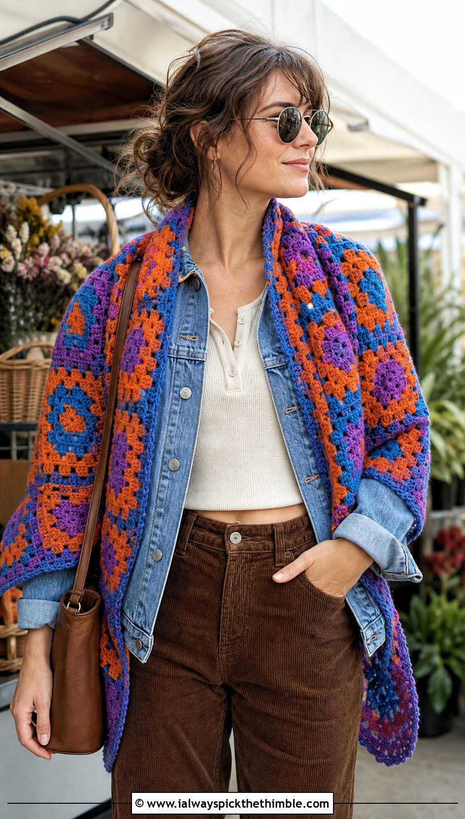 Granny Square Crochet Shawl With Corduroy Pants - 20 Fall Crochet Shawl outfit ideas