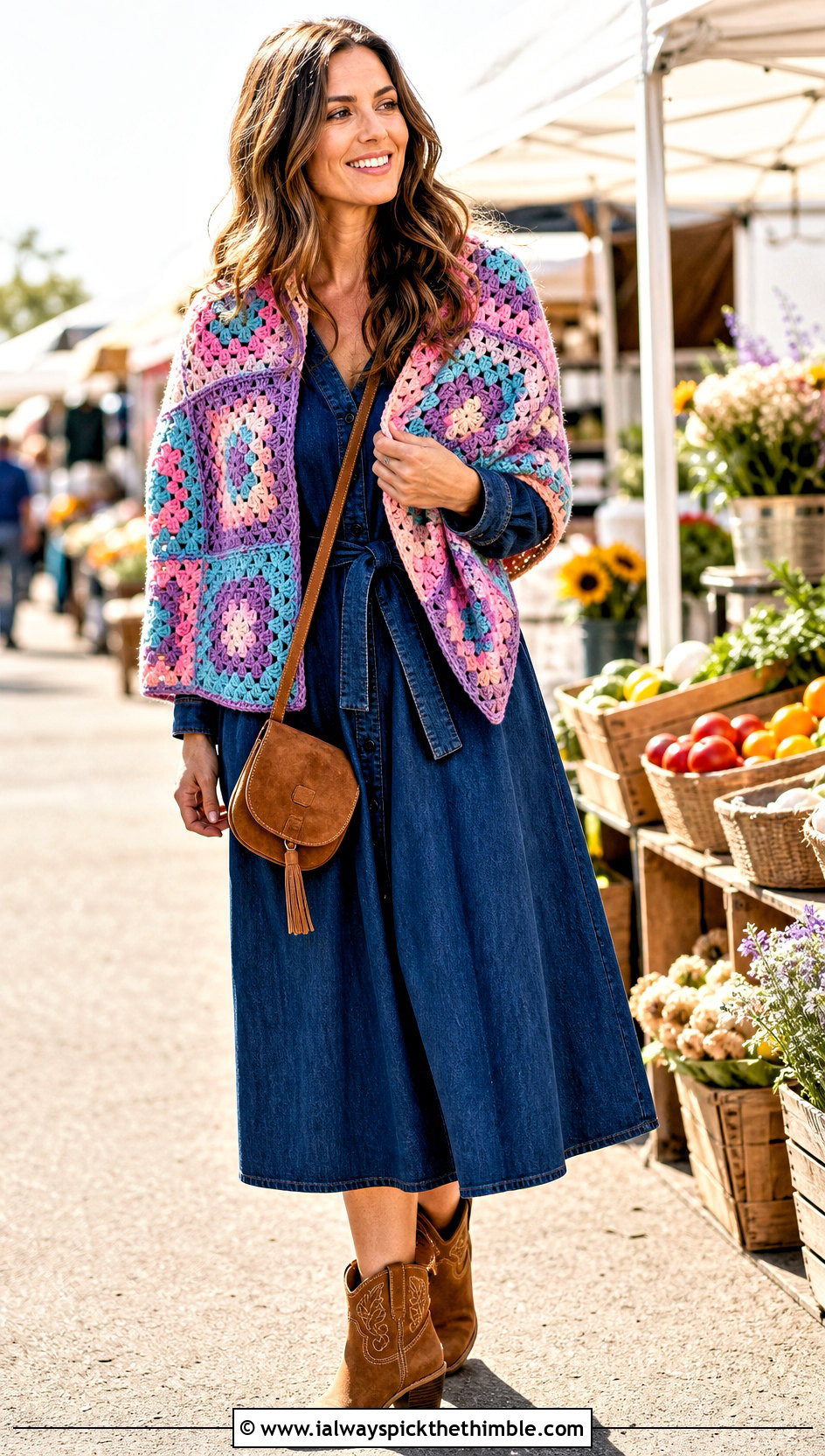 Granny Square Crochet Shawl With Denim Dress - 20 crochet shawl wraps outfit ideas