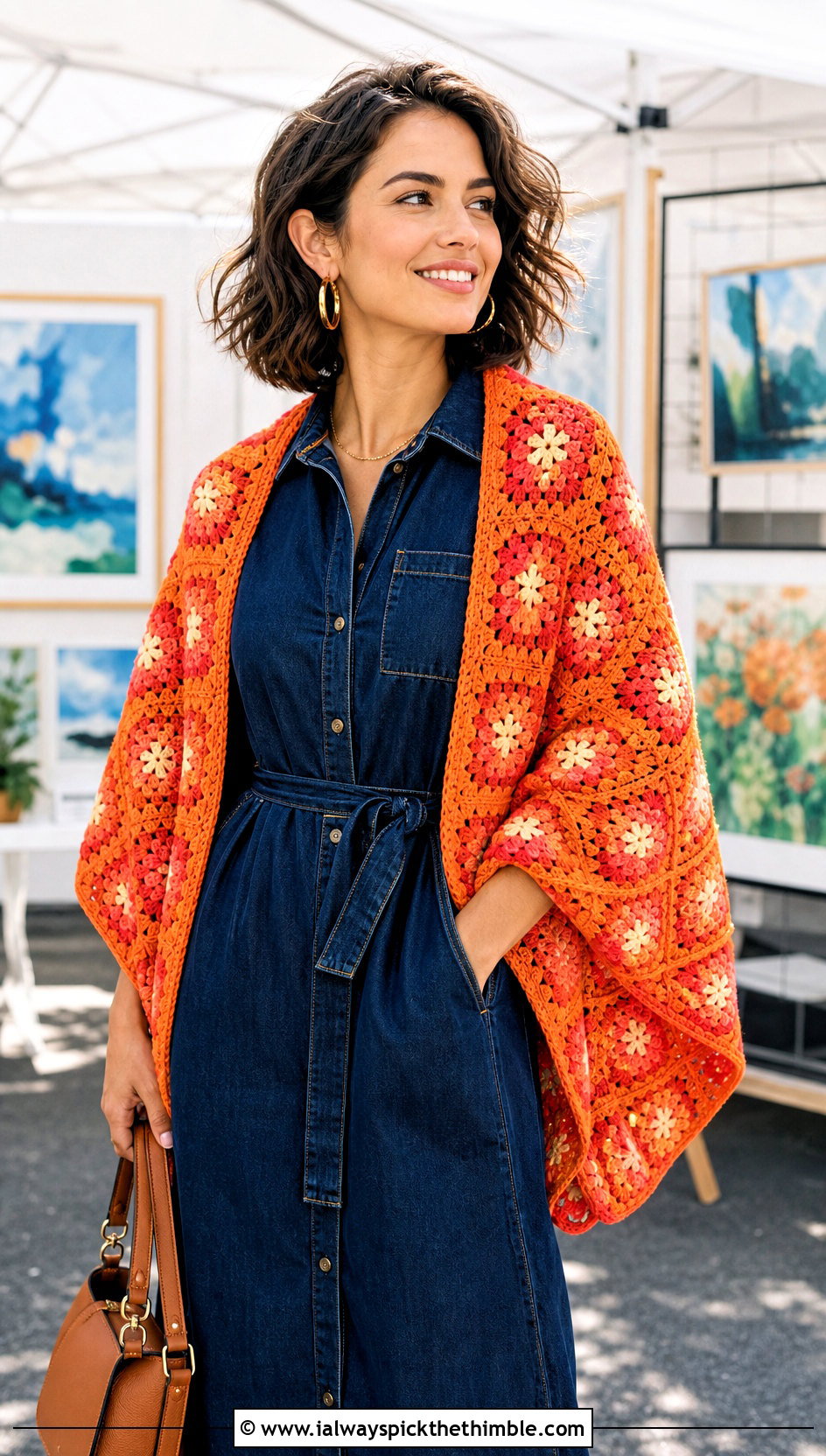 Granny Square Crochet Shawl With Denim Dress - 15 bright crochet shawl outfit ideas