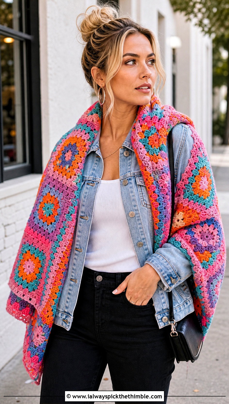Granny Square Crochet Shawl With Denim Jacket - 20 crochet for shawls outfit ideas