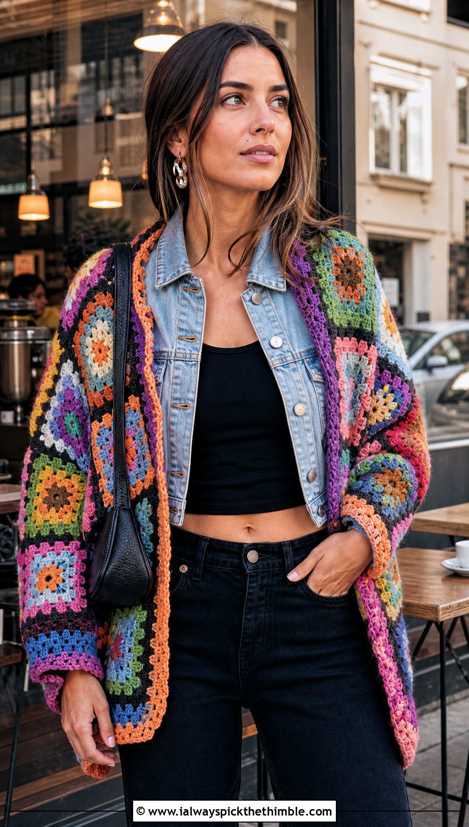 Granny Square Crochet Shawl With Denim Jacket - 20 crochet shawl wrap outfit ideas