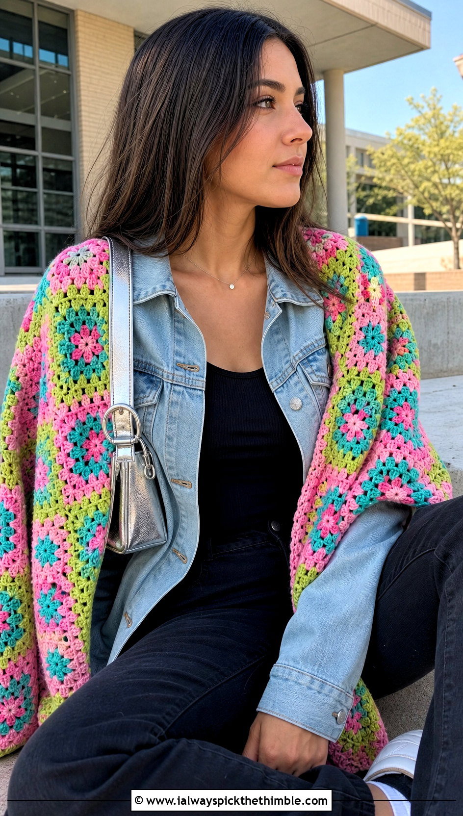 Granny Square Crochet Shawl With Denim Jacket - 20 simple crochet shawls and wraps outfit ideas