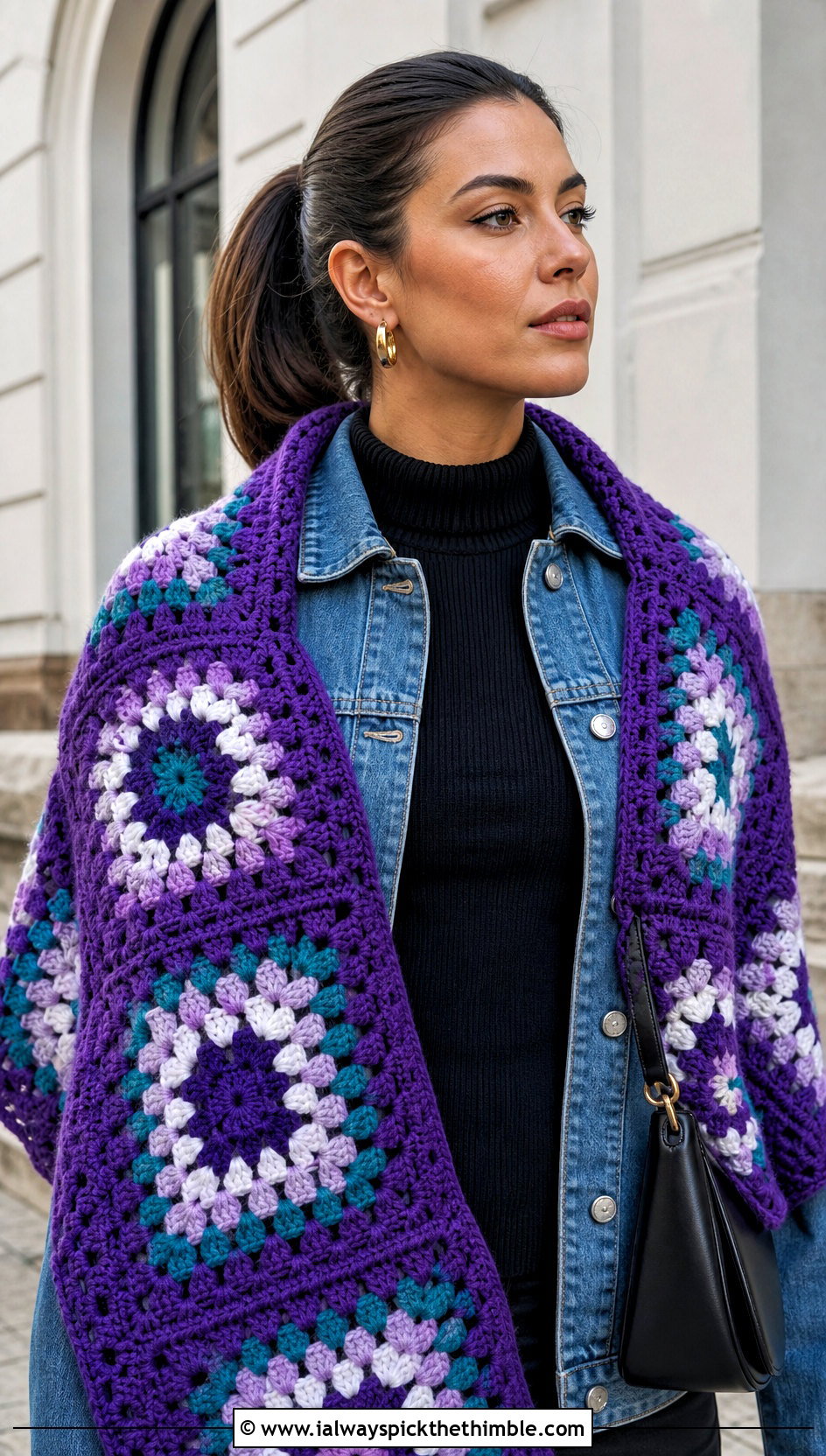 Granny Square Crochet Shawl With Denim Jacket - 20 winter crochet shawl outfit ideas