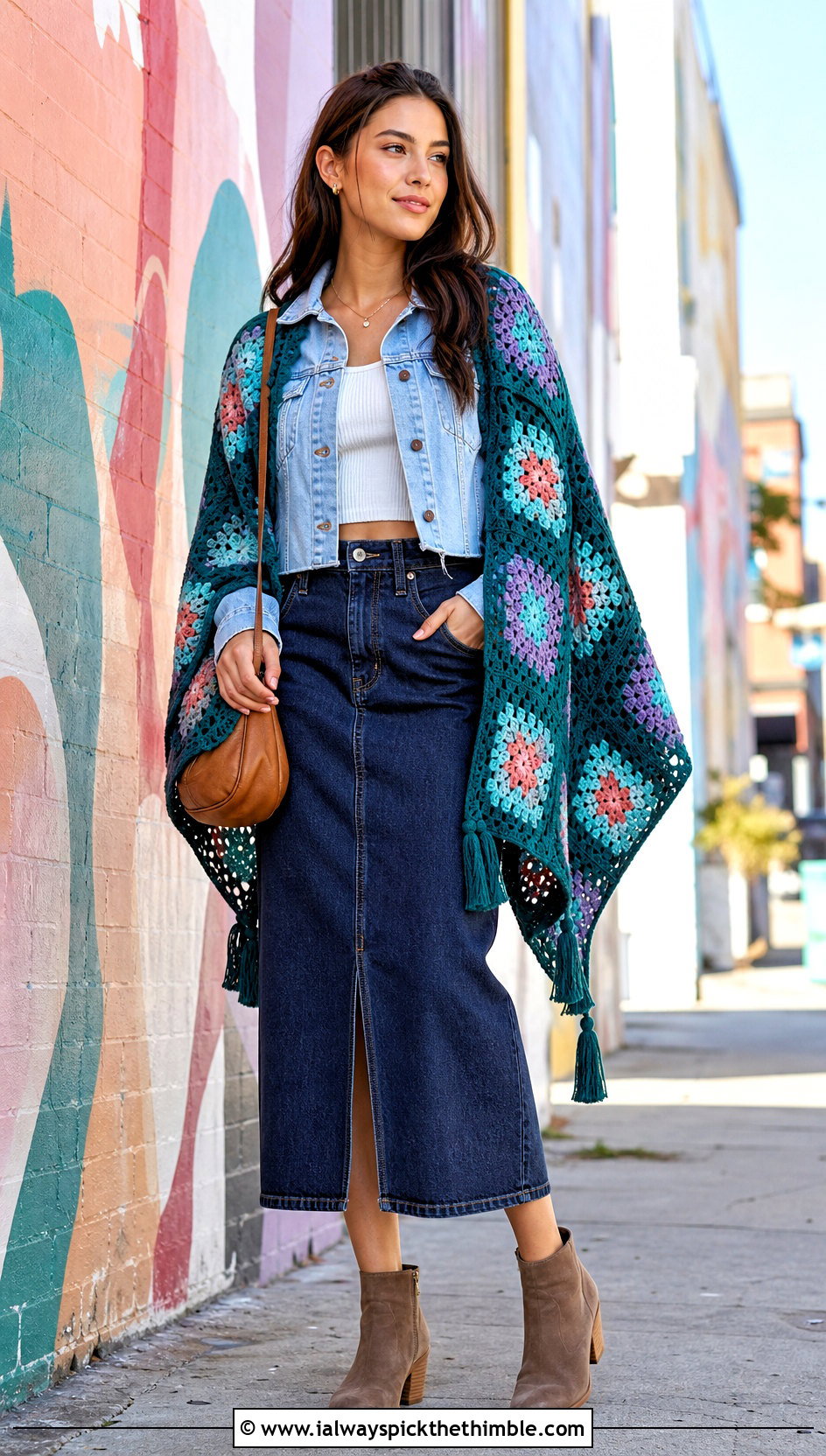 Granny Square Crochet Shawl With Denim Jacket - 25 Crocheted Shawls And Wraps outfit ideas