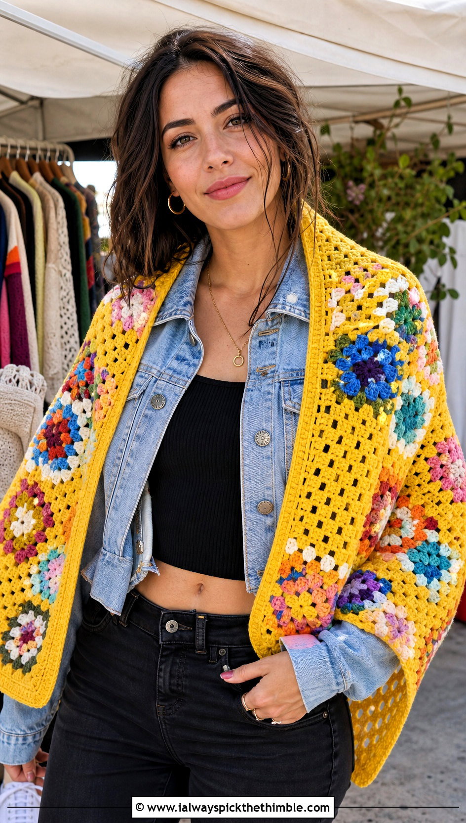 Granny Square Crochet Shawl With Denim Jacket - 25 quick crochet shawl outfit ideas