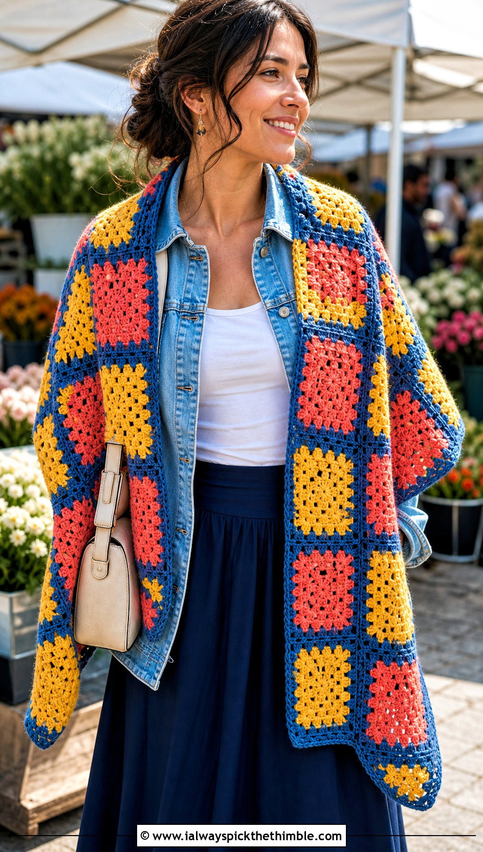 Granny Square Crochet Shawl With Denim Jacket And Skirt - 20 Spring Crochet Shawl outfit ideas