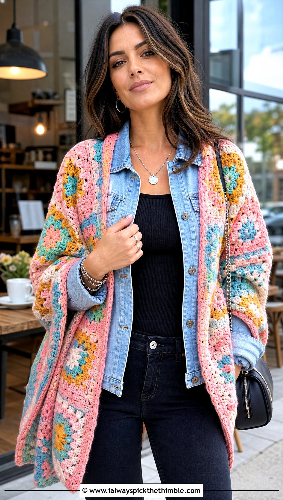 Granny Square Crochet Shawl With Denim Jacket - 20 Crochet For Shawl outfit ideas