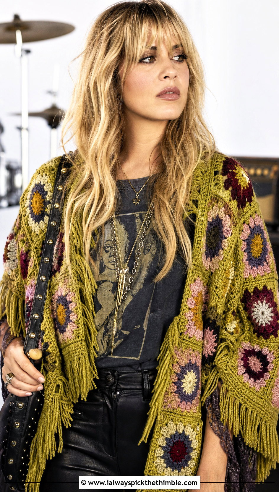 Granny Square Crochet Shawl With Graphic Tee And Leather Pants - 20 Stevie Nicks Crochet Shawl outfit ideas