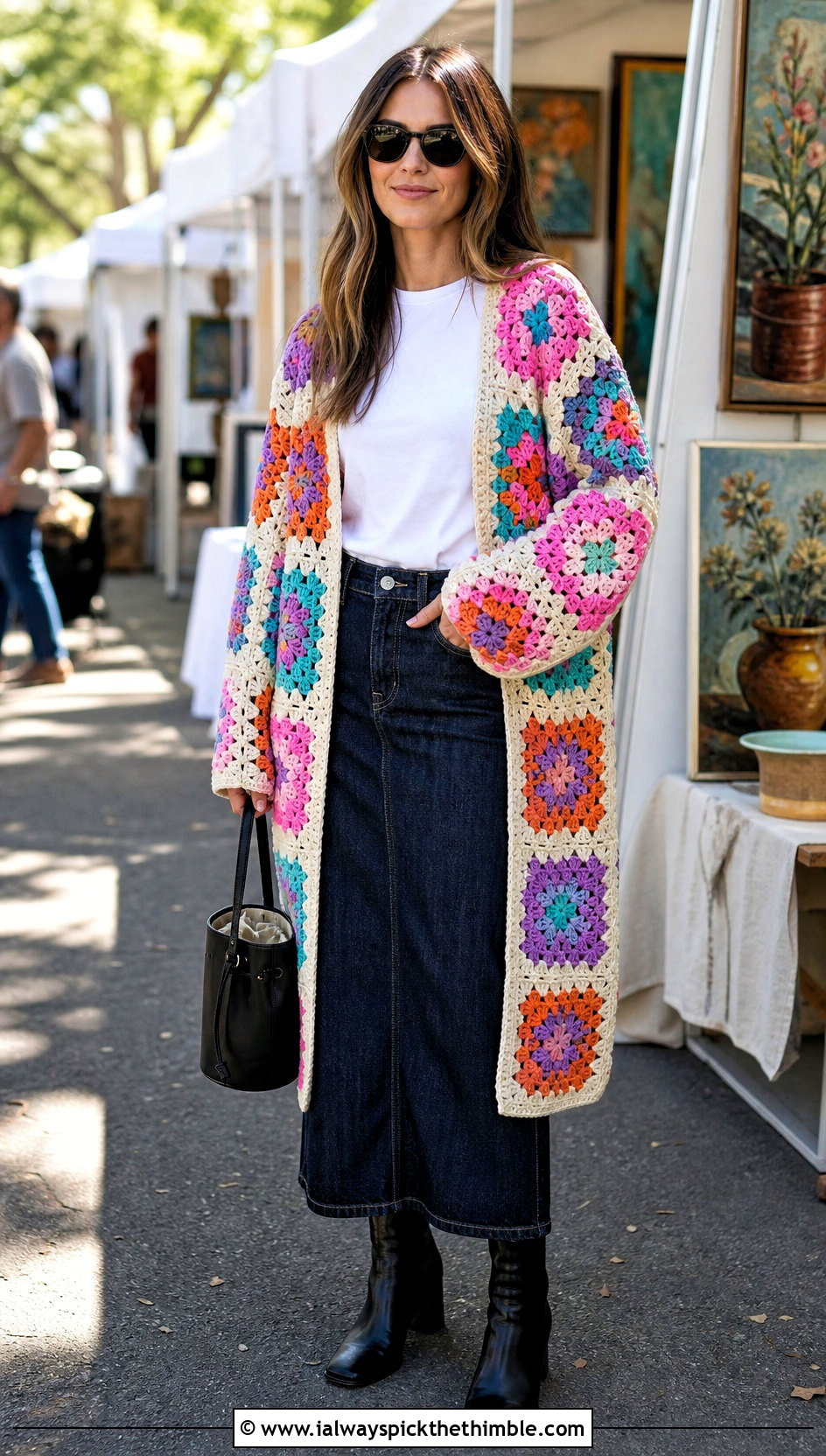 Granny Square Crochet Shawl With Sleeves And Denim Skirt - 25 crochet shawl with sleeves outfit ideas