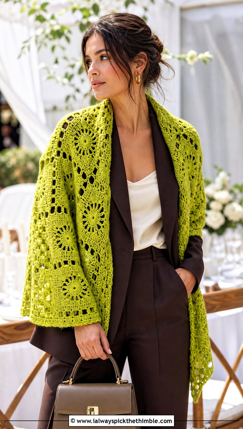 Granny Square Crochet Shawl With Tailored Pantsuit - 15 Winter Wedding Crochet Shawl outfit ideas