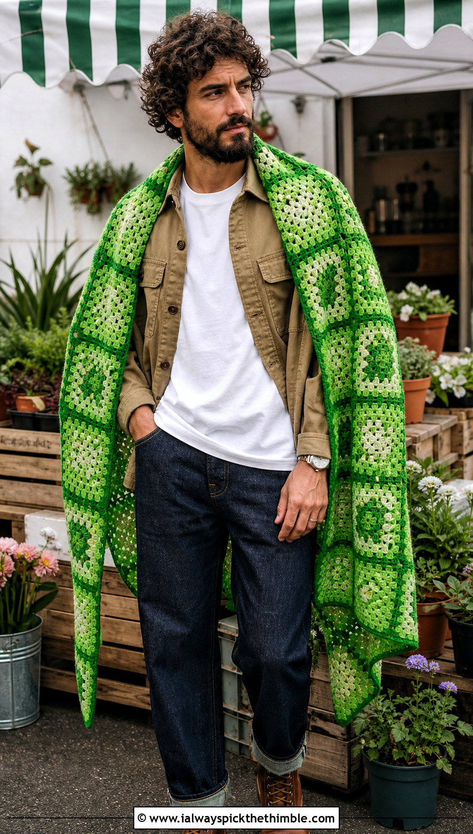 Granny Square Crochet Shawl With Workwear Jacket - 20 crochet shawl for men outfit ideas