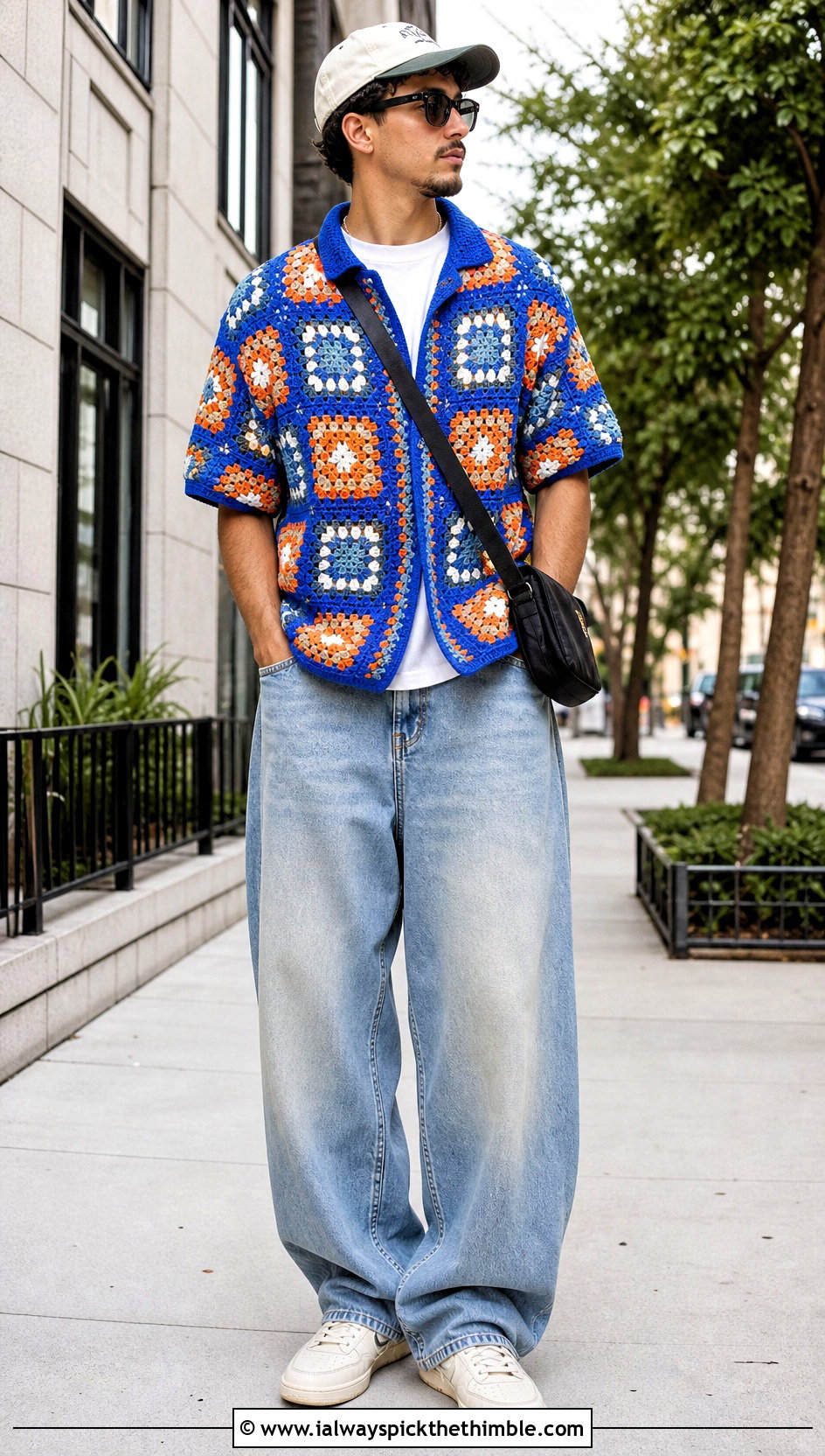 Granny Square Crochet Shirt With Baggy Jeans - 25 crochet clothes for men outfit ideas