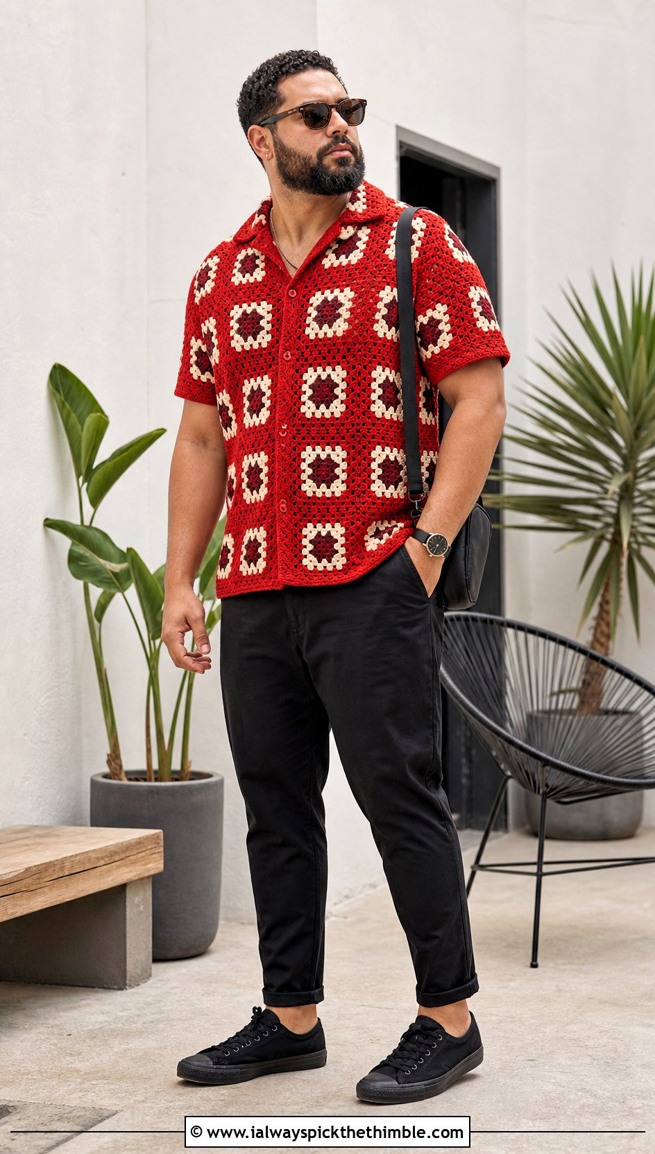 Granny Square Crochet Shirt With Black Chinos - 25 Mens Crochet Top outfit ideas
