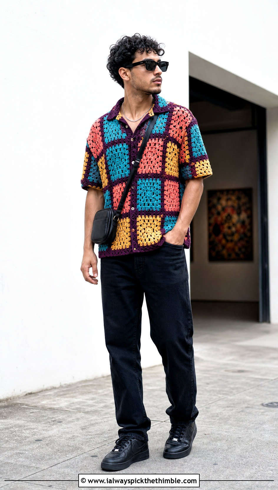 Granny Square Crochet Shirt With Black Jeans - 25 mens crochet shirt outfit ideas