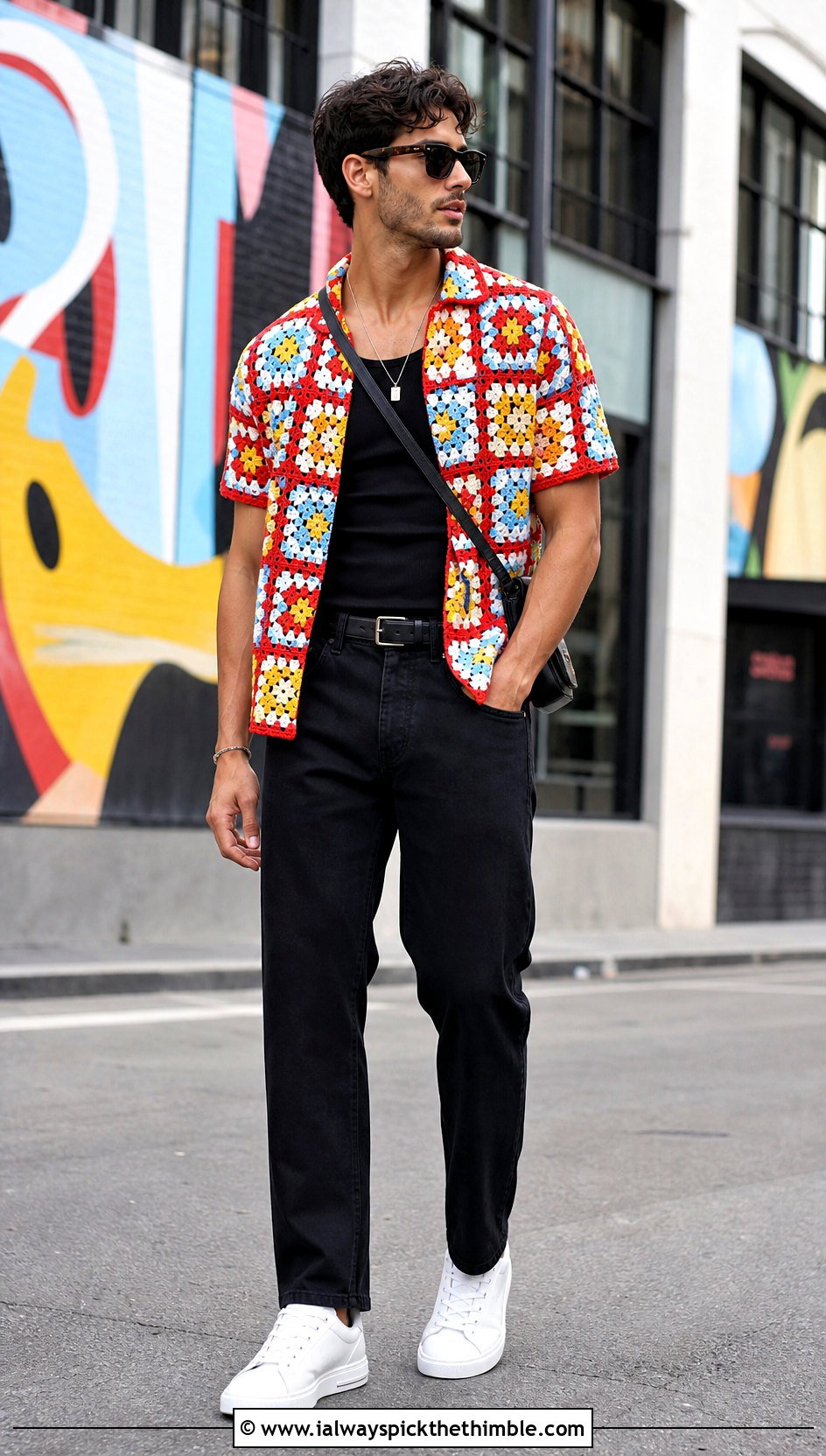 Granny Square Crochet Shirt With Black Jeans - 25 crochet shirt men outfit ideas