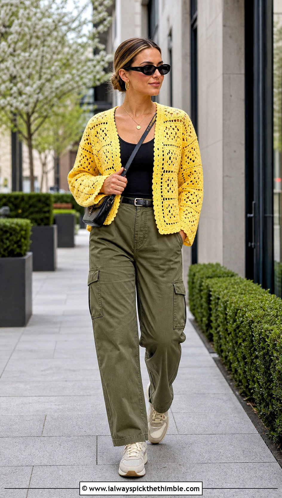 Granny Square Crochet Shirt With Cargo Pants - 25 crochet shirt outfit ideas