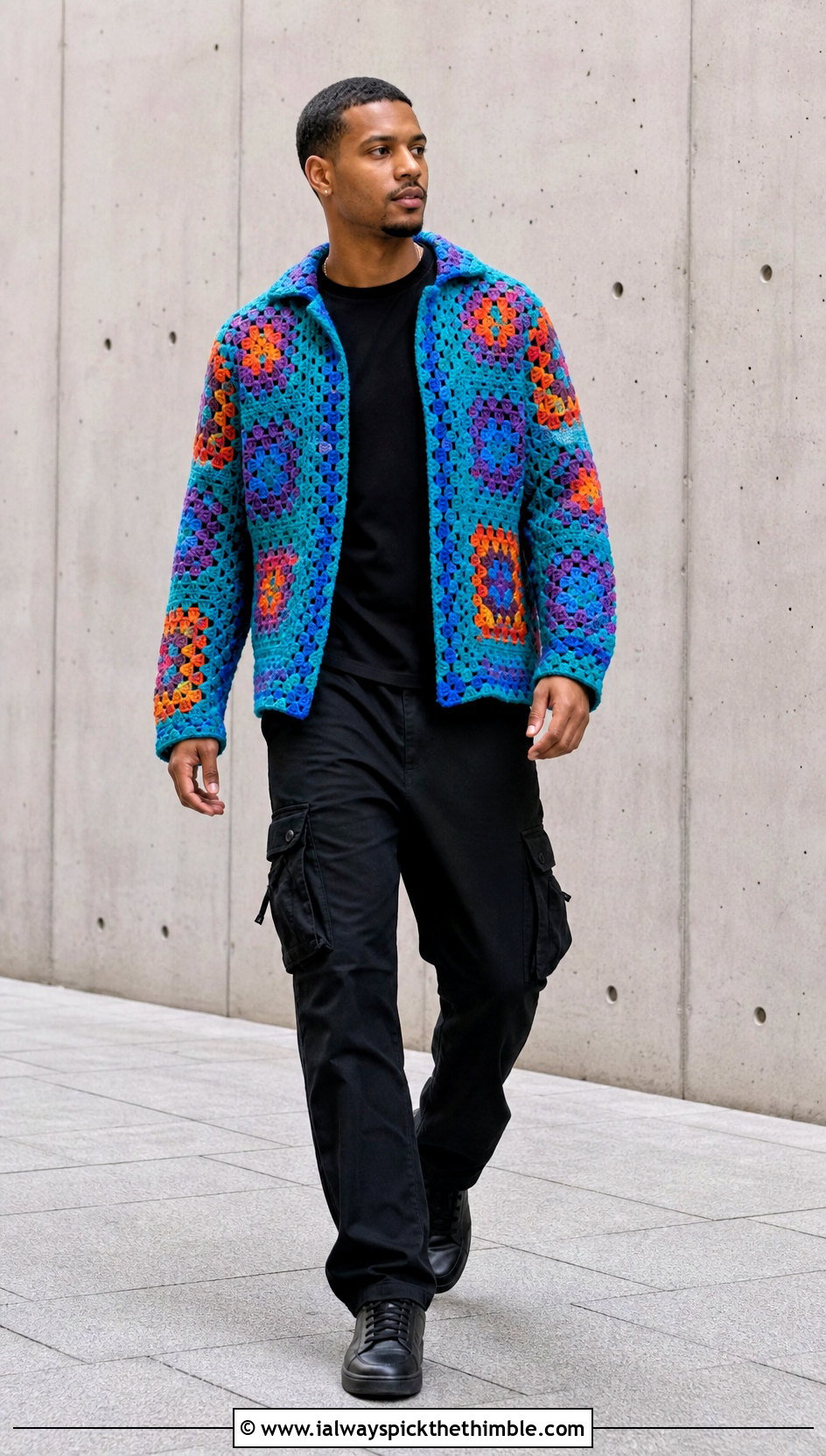 Granny Square Crochet Shirt With Cargo Pants - 25 crochet top for men outfit ideas