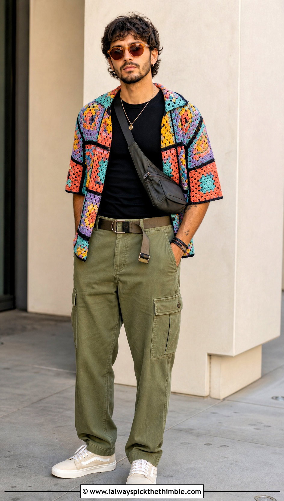Granny Square Crochet Shirt With Cargo Pants - 25 crochet men shirt outfit ideas