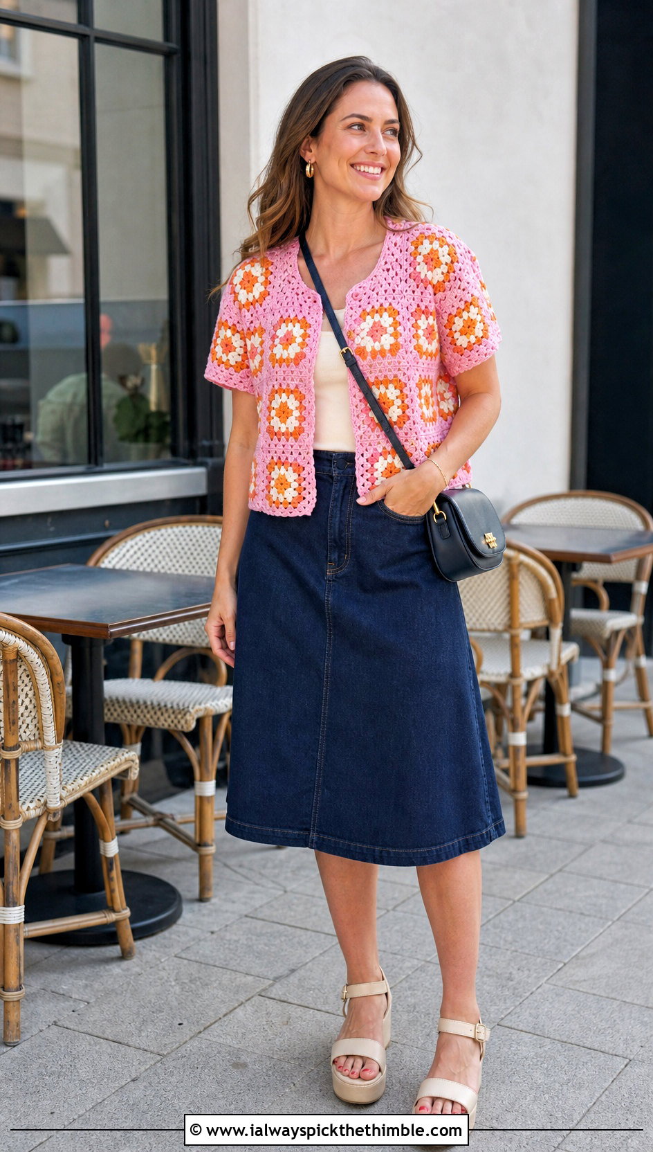 Granny Square Crochet Shirt With Denim Skirt - 20 easy crochet shirt outfit ideas